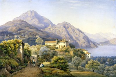 Como. Menaggio. Loveno en de berg Groma. 1840. Schilderij door S. Corrodi. Menaggio, Como door Solomon Corrodi