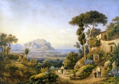 Palermo en de berg Pellegrino. Schilderij door Solomon Corrodi door Solomon Corrodi
