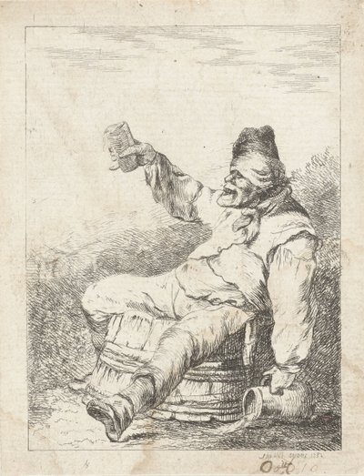 Dronken man zittend op een vat door Sophia Wilhelmina Evans