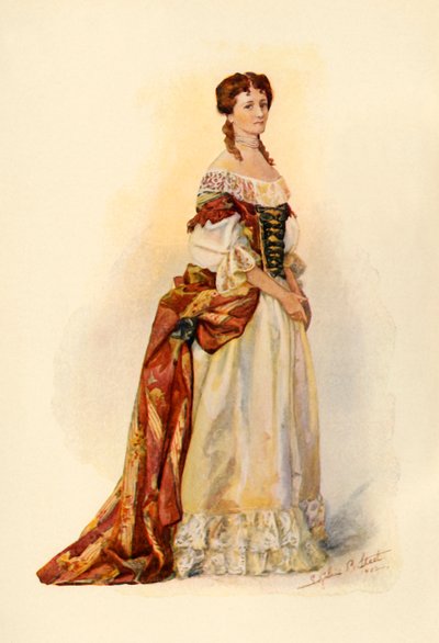 Jurk van rode brokaat gedragen in de kolonie Barbados ca. 1685, 1903, 1937 door Sophie B. Steel