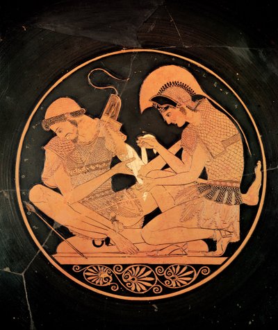 Interieur van een attic roodfiguur kylix met Achilles die de gewonde Patrocles verzorgt, uit Vulci, c.500 v.Chr. door Sosias Painter