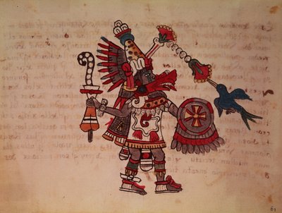 Quetzalcoatl, de gevederde slang, god van de wind, het leren en het priesterschap, meester van het leven, schepper en beschaver, patroon van elke kunst en uitvinder van de metallurgie door South American School