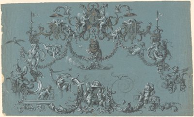 Arabesken met vrolijke putti, dieren en narren door South German 18th Century