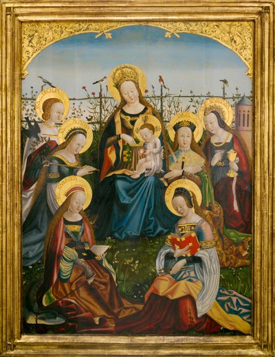 Drieluik van Maria en kind met heiligen (middenpaneel) door South German School