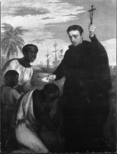 Een Jezuïetenmissionaris, Misschien Manuel de Nobrega of Peter Claver, die Zwarten Doopt door Spanish School
