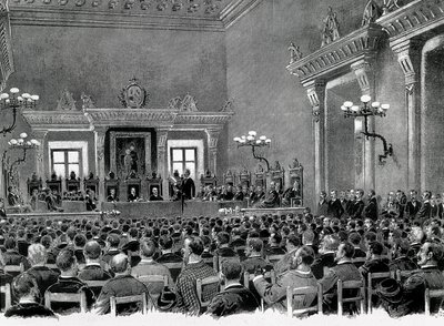 Een bijeenkomst van Catalaanse nationalisten verzameld in het stadhuis van Manresa, voor het opstellen van de 16 basisprincipes voor de Catalaanse regionale grondwet in 1892. door Spanish School