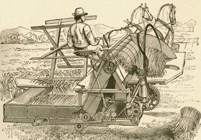 Een oogstmachine, getrokken door paarden, die de schoven mechanisch bond, gebruikt in de late 19e eeuw. Uit El Museo Popular gepubliceerd in Madrid door Spanish School