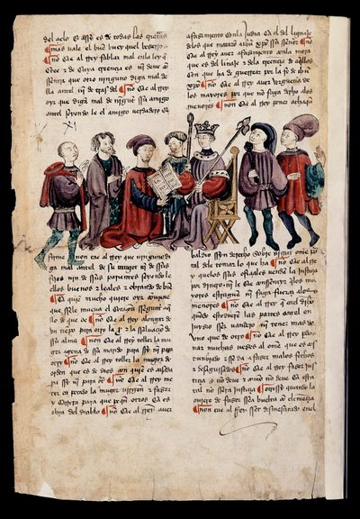 Een man presenteert een boek aan de koning, miniatuur in "Libro de los Castigos o Documentos para Bien Vivir" door Spanish School
