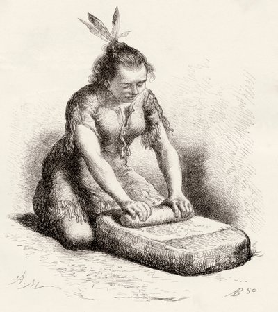 Een inheemse Guayan-vrouw die graan vermaalt (gravure) door Spanish School