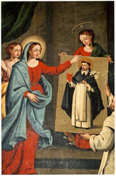 Een heilige presenteert een portret van Sint Dominicus aan de Maagd Maria door Spanish School
