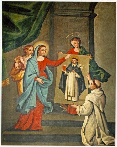 Een heilige presenteert een portret van St. Dominicus aan de Maagd Maria door Spanish School