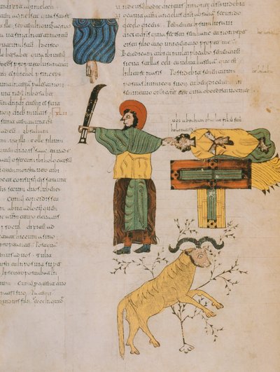 Abraham op het punt zijn zoon, Isaac, te offeren, uit de Visigotisch-Mozarabische Bijbel van St. Isidores, 960 n.Chr. (tempera op perkament) door Spanish School