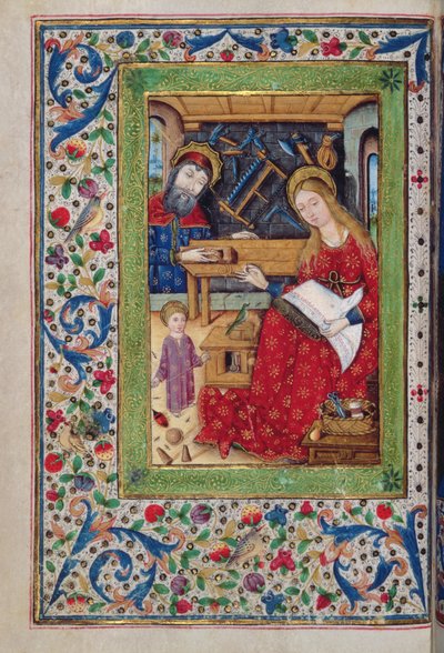 De Heilige Familie in de timmerwerkplaats van Jozef, Latijn met Spaanse rubrieken, uit een 