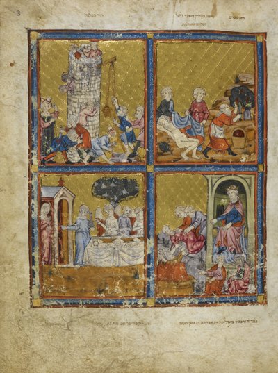 Scènes uit Genesis: De Toren van Babel bouwen; Noach die druiven snijdt; Abraham en Sara; Nimrod en Abraham, illustraties uit 