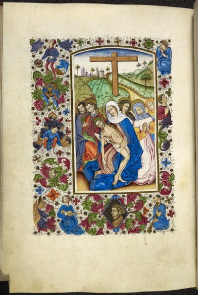Add MS 50004 f.70v De Maagd Maria die het lichaam van Christus vasthoudt, met twee discipelen en vrouwen naast haar, uit een 