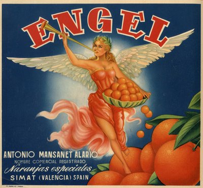 Reclame voor sinaasappels, afbeelding van een gevleugelde vrouw. Reclameposter, Valencia door Spanish School