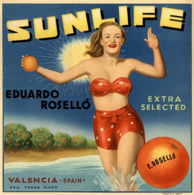 Reclame voor sinaasappels, afbeelding van een vrouw in een badpak. Reclameposter, Valencia door Spanish School