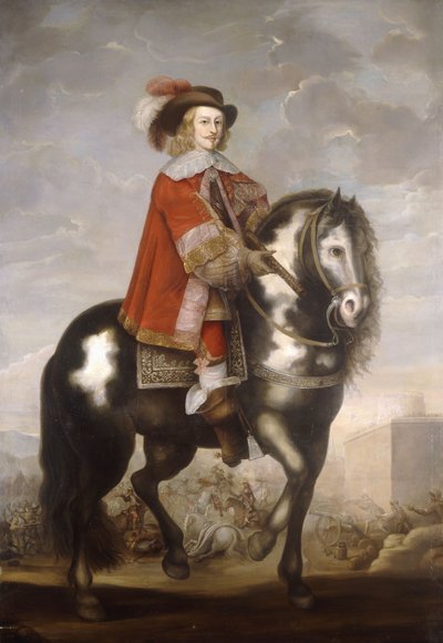 Een Ruiterportret van Kardinaal Infante Fernando de Borbon, Gouverneur van de Spaanse Nederlanden, volledig in een Rode Jas en Gevederde Hoed, een Slag daarachter door Spanish School