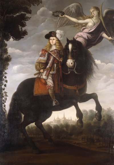 Een Ruiterportret van Koning Karel II, volledig, in een Rode Jas met Witte Rand, gekroond met een Lauwerkrans door een Engel, Madrid in de Verte door Spanish School