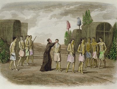 Een inheemse slaaf van de Tupinamba-stam wordt gedoopt door een Jezuïetenpriester, nabij Bahia in 1550 door Spanish School