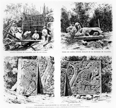 Artefacten ontdekt in Chichen Itza door Augustus Le Plongeon, illustratie uit La Illustracion Espanola y Americana 1877 door Spanish School