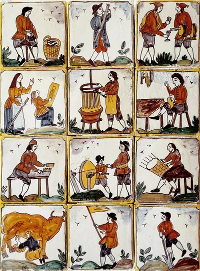 Ambachtelijke beroepen: schoenmaker, kuiper, mandenmaker, wijnmaker, tekenles, muzikant, koe melken, slijper, boer, ebenist. Catalaanse keramische tegels (Spanje) door Spanish School