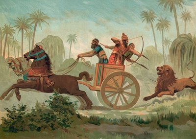 Ashurbanipal op leeuwenjacht door Spanish School