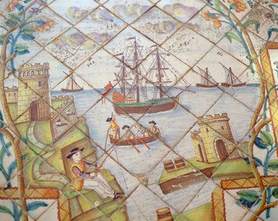Azulejos tegels die een haven met schepen afbeelden (keramiek) door Spanish School