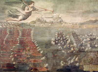 Slag bij Lepanto. Overwinnende schepen die de haven van Messina binnenvaren door Spanish School