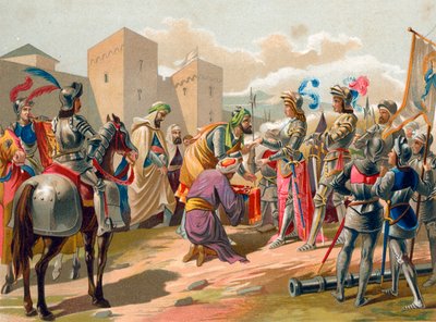 Boabdil geeft Granada over aan de katholieke kroon door Spanish School