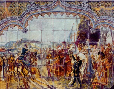 Boabdil geeft de sleutels van Granada over aan de Katholieke Koningen in 1492 (keramiek) door Spanish School
