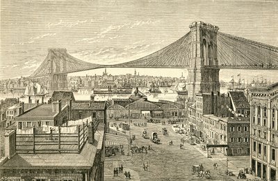 Brooklyn Bridge, New York, Verenigde Staten in de 19e eeuw. Uit El Museo Popular gepubliceerd in Madrid door Spanish School