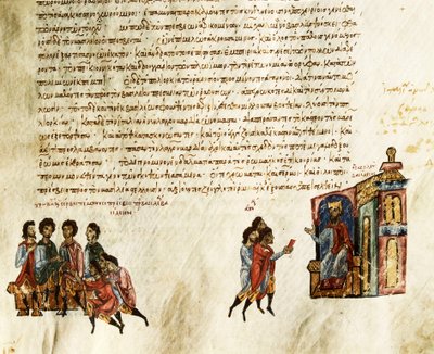 Byzantijnse keizer Basil I, de Macedoniër (812-886), ontvangt Servische ambassadeurs (miniatuur) door Spanish School