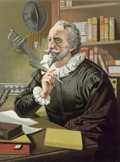 Cervantes in zijn studeerkamer door Spanish School
