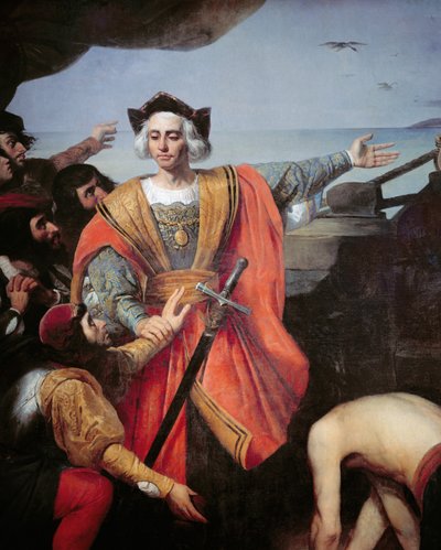 Christoffel Columbus, aan boord van zijn karveel, wijst naar het eiland Guanahani (San Salvador) op 12 oktober 1492 (detail) door Spanish School