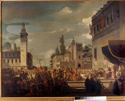 Christoffel Columbus presenteert inheemse mensen aan Ferdinand II en Isabella I van Castilië in Barcelona: de presentatie van de inwoners van Amerika aan de katholieke koningen door de ontdekkingsreiziger Christoffel Columbus (1451-1506). Schilderij door G door Spanish School