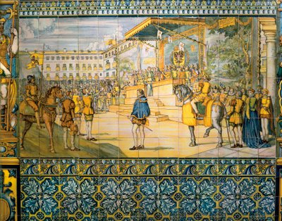 Vieringen in Valladolid ter ere van Filips II van Spanje in mei 1559. Azulejos van de Talavera-school in het paleis van de familie Pimentel, Valladolid door Spanish School