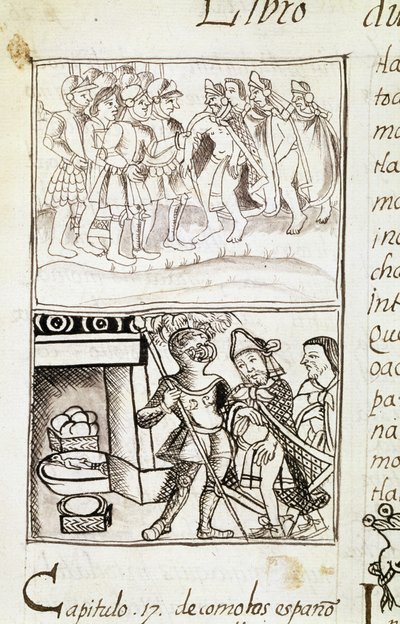 Codex van de verovering van Mexico - miniatuur uit het Florentijnse Manuscript "Storia degli Aztechi" (Geschiedenis van de Azteken) door Bernardino de Sahagun door Spanish School