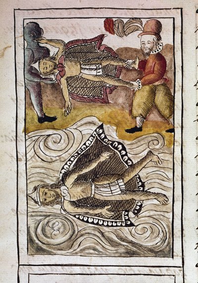 Codex van de verovering van Mexico: De lichamen van Itzquauhtzin en Montezuma, of Moctezuma II Azteekse keizer (1466-1520), worden door de Spanjaarden uit het paleis gegooid. door Spanish School