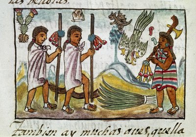 Codex van de verovering van Mexico: kooplieden vermomd in Tzinacantlan. Miniatuur van het Florentijnse manuscript 