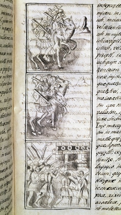 Codex van de verovering van Mexico: de Spanjaarden klaar om de stad Tenochtitlan aan te vallen. Miniatuur van het Florentijnse manuscript 