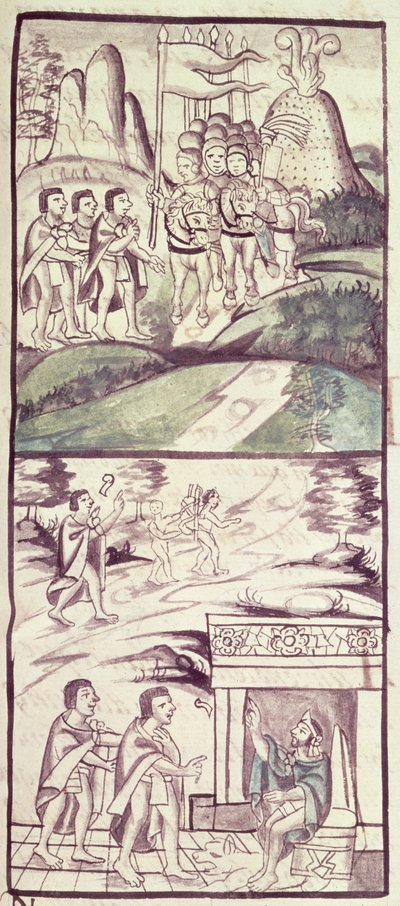 Codex van de verovering van Mexico: de gezanten van Montezuma, of Moctezuma II Azteekse keizer ontmoeten de Spanjaarden door Spanish School