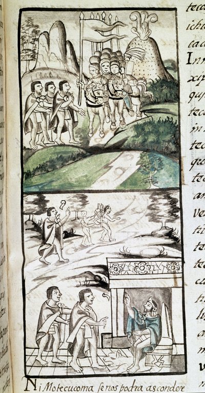 Codex van de verovering van Mexico: de gezanten van Montezuma, of Moctezuma II Azteekse keizer ontmoeten de Spanjaarden door Spanish School