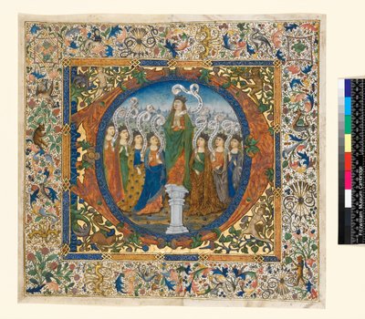 Collage met gehistorieerde initiaal en rand uit een Koorpsalter, ca. 1482-1492 door Spanish School