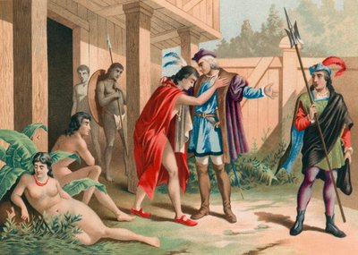 Columbus neemt afscheid van hoofd Guacanagarix in Hispaniola door Spanish School