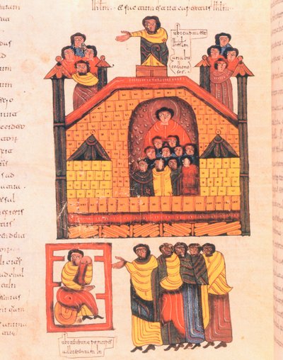 Verovering van Jeruzalem door Nebukadnezar en de profeet Jeremia die de hoogwaardigheidsbekleders van de stad ontvangt, fol.283v., uit de Visigotisch-Mozarabische Bijbel van St. Isidores, 960 n.Chr. (tempera op perkament) door Spanish School
