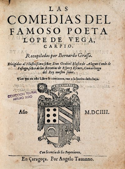 Omslag van Las comedias del famoso poeta Lope de Vega, door Felix Lope de Vega Carpio (1562-1635), editie van 1604 door Spanish School