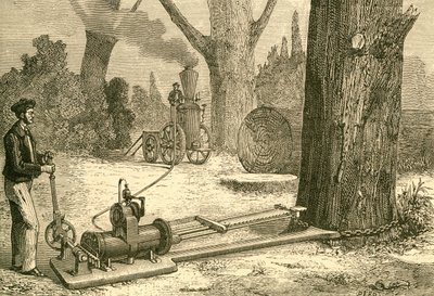 Bomen kappen met stoommachines in de late 19e eeuw. Uit El Museo Popular gepubliceerd in Madrid door Spanish School