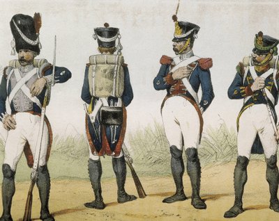 DE SOTTO, Serafin Maria, Graaf van Clonard (1793 - 1862). Historia organica de las armas de Infanteria y Caballeria espanolas. 1851 - 1859. Infanteristen tijdens het bewind van Ferdinand VII van Spanje. Grenadier, scherpschutter, sergeant en jager (1815-18 door Spanish School