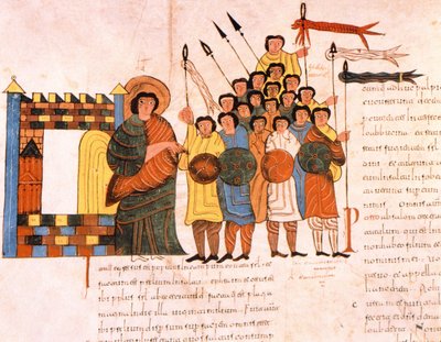 Vertrek van het leger van koning David naar de oorlog, uit de Visigotisch-Mozarabische Bijbel van St. Isidores, fol.131v., 960 n.Chr. (tempera op perkament) door Spanish School